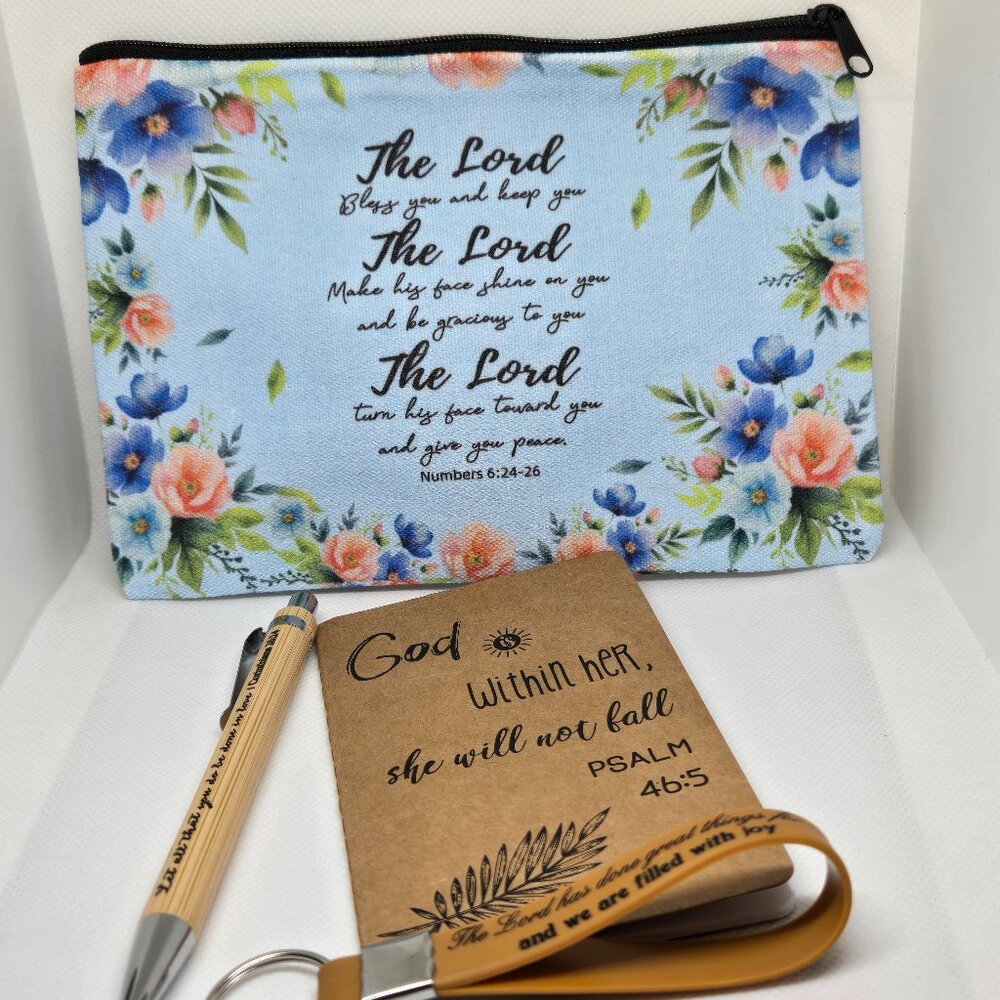 NEW INSPIRATIONAL FAITH CANVAS POUCH, NOTEPAD, PEN, BOOKMARK & KEYCHAIN GIFT SET
